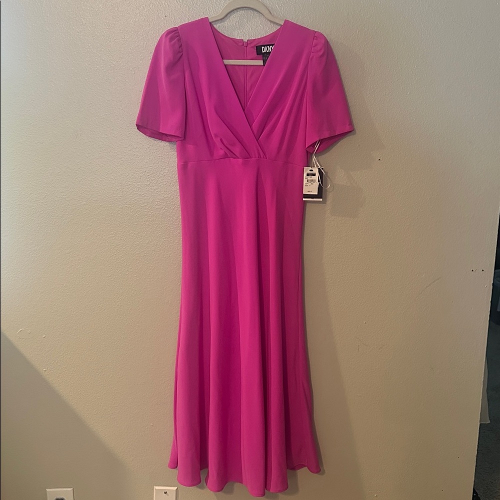 DKNY Bright Fuchsia V-Neck Midi Dress